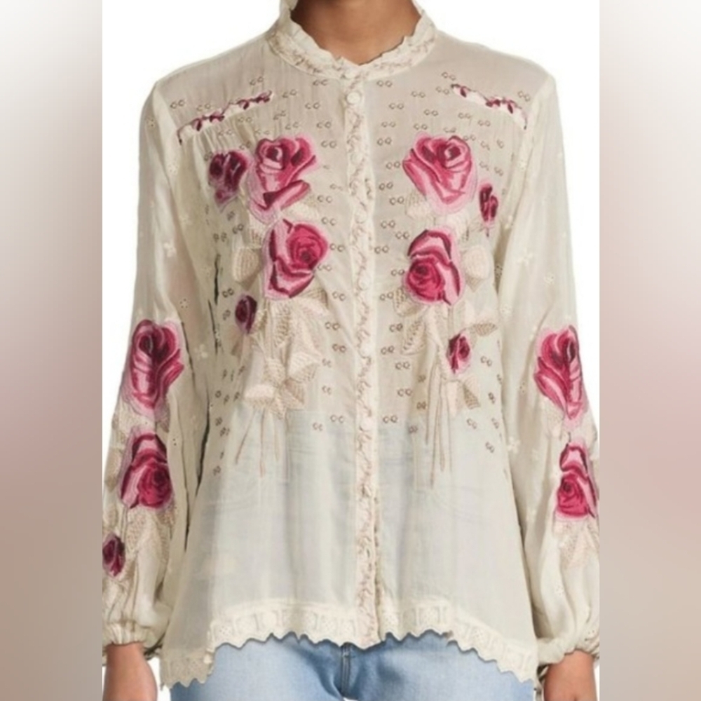 Johnny Was Rosalia Floral Embroidered L/S Blouse in Cream Boho Chic size XS